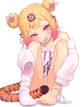 1girl animal_ears blonde_hair bottomless convenient_censoring double_bun facial_mark fangs female_focus full_body hair_bun hair_ornament highres indie_virtual_youtuber jacket kuroshiro00 legs loli long_sleeves looking_at_viewer multicolored_hair nail_polish open_mouth panties panties_around_leg pink_hair rangyi_(vtuber) red_nails short_eyebrows short_hair simple_background sitting smile solo tail tail_censor tiger_ears tiger_tail toenail_polish toenails toes tongue tongue_out two-tone_hair underwear uneven_eyes virtual_youtuber whisker_markings white_background white_jacket