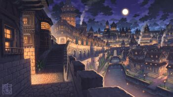 Rule 34 | arch, architecture, banner, boat, brick road, brick wall, bridge, building, castle, chimney, cloud, cloudy sky, cobblestone, fantasy, full moon, highres, lantern, moon, nagi itsuki, original, outdoors, plant, potted plant, river, road, scenery, sky, smoke, stairs, stone stairs, tower, town, tree, watercraft, window