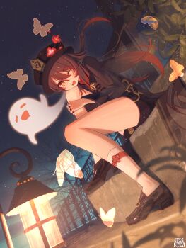 Rule 34 | 1girl, absurdres, black footwear, black nails, black shorts, boo tao (genshin impact), brown coat, brown hair, chenfusama, chinese clothes, coat, flower, flower-shaped pupils, genshin impact, ghost, hat, hat flower, head on knee, highres, hu tao (genshin impact), hugging own legs, knee up, light particles, long hair, night, one eye closed, open mouth, plum blossoms, porkpie hat, red eyes, short shorts, shorts, sitting, sky, socks, symbol-shaped pupils, thighs, thumb ring, white socks