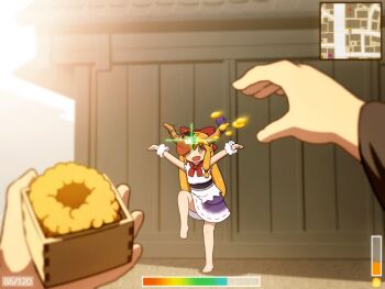 1girl 1other barefoot beans bow brown_horns commentary full_body hair_bow horn_ornament horn_ribbon horns ibuki_suika leg_up mamemaki mask masu minimap oni open_mouth orange_eyes orange_hair outstretched_arms pov purple_skirt ribbon setsubun shirosato shirt skirt smile spread_arms standing standing_on_one_leg throwing touhou user_interface white_shirt wrist_cuffs