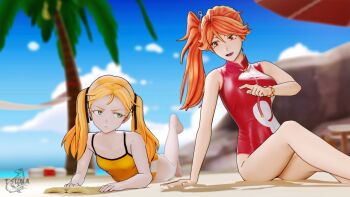 2girls 3d artist_name beach blue_sky bracelet breasts fang feet green_eyes hair_ribbon jewelry large_breasts loli long_hair lying margarethe multiple_girls official_alternate_costume on_stomach one-piece_swimsuit orange_eyes orange_hair reading ribbon sakura_taisen sega shin_sakura_taisen shinonome_hatsuho side_ponytail sky small_breasts smile swimsuit thighs tsuna-shirai twintails