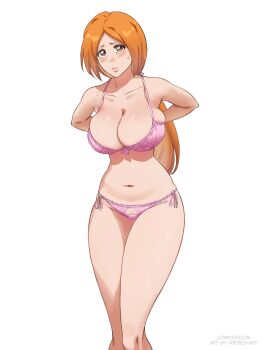 1girl absurdres artist_name bare_shoulders bleach bleach:_epilogue bra breasts brown_eyes collarbone commission female_focus highres inoue_orihime large_breasts legs_together light_blush lips long_hair looking_at_viewer mature_female navel orange_hair panties pink_bra pink_panties ririvart simple_background solo solo_focus standing stomach sweatdrop twitter_username underwear white_background