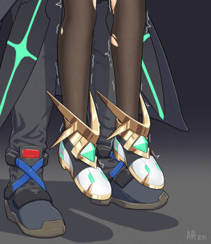 1boy 1girl alten black_pantyhose boots grey_background hanging_legs height_difference hetero highres implied_sex lifting_person lower_body mythra_(xenoblade) pantyhose reverse_suspended_congress rex_(xenoblade) sex_from_behind shadow shoes torn_clothes torn_pantyhose trembling variant_set white_shoes xenoblade_chronicles_(series) xenoblade_chronicles_2 xenoblade_chronicles_3 xenoblade_chronicles_3:_future_redeemed