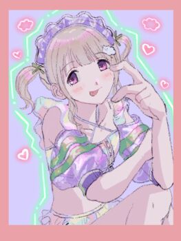 Rule 34 | 1girl, :p, absurdres, bad id, bad twitter id, blunt bangs, border, cropped shirt, detached sleeves, grey hair, heart, highres, idolmaster, idolmaster shiny colors, looking at viewer, maid headdress, outline, pink border, puffy detached sleeves, puffy sleeves, purple eyes, purple shirt, serizawa asahi, shirt, short hair, sitting, smile, solo, subro, tongue, tongue out, twintails