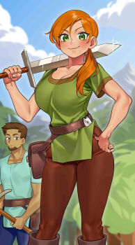 1boy 1girl absurdres alex_(minecraft) belt belt_pouch blue_pants blue_shirt blue_sky blurry blurry_background boots breasts brown_belt brown_footwear brown_hair brown_pants cleavage closed_mouth cloud collarbone commentary facial_hair goatee green_eyes green_shirt hair_behind_ear hand_on_own_hip highres holding holding_pickaxe holding_sword holding_weapon knee_boots large_breasts long_hair looking_at_viewer low_ponytail minecraft minecraft_pickaxe minecraft_sword mole mole_under_eye mountain nia_(nia4294) orange_hair outdoors over_shoulder pants parted_bangs pickaxe ponytail pouch purple_eyes shirt short_sleeves sky smile sparkle standing steve_(minecraft) sword sword_over_shoulder tree weapon weapon_over_shoulder