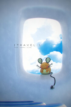 3d absurdres airplane_interior animal_focus artist_name blue_sky celebi350300687 cinema_4d_(medium) closed_eyes closed_mouth cloud day dedenne english_text full_body gen_6_pokemon highres nintendo no_humans pokemon pokemon_(creature) pokemon_focus sitting sky sleeping smile solo