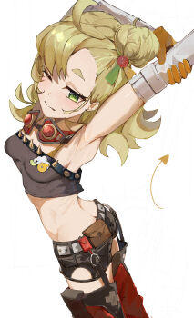 1girl absurdres armpits arms_up arrow_(symbol) ass blonde_hair breasts butt_crack closed_mouth commentary_request cowboy_shot crop_top from_side gloves goggles goggles_around_neck green_eyes highres long_hair midriff one_eye_closed petite piper_wheel simple_background small_breasts solo stretching virgo76612871 white_background yellow_gloves zenless_zone_zero
