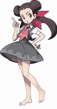 1girl ai-assisted bare_legs barefoot black_hair feet hair_ribbon nintendo official_art pokemon pokemon_oras ribbon roxanne_(pokemon) school_uniform self-upload simple_background skirt sugimori_ken third-party_edit toes twintails white_background