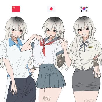 1girl :d absurdres alternate_costume arm_tattoo black_eyes black_pants black_ribbon black_skirt blue_sailor_collar blue_skirt blush breasts chinese_school_uniform collared_shirt dress fingernails gradient_background grey_hair hand_on_own_hip hand_tattoo highres japanese_flag jyuri_(shouz) large_breasts leg_tattoo looking_at_viewer multiple_views neck_ribbon neckerchief open_mouth original pants pencil_skirt people's_republic_of_china_flag pleated_skirt red_neckerchief ribbon sailor_collar sailor_dress school_uniform serafuku sharp_fingernails shirt short_sleeves shouz simple_background skirt smile south_korean_flag tattoo teeth white_background white_hair white_shirt winged_heart winged_heart_tattoo