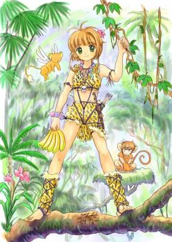 1boy 1girl alternate_costume banana barefoot branch bright_(artist) brown_hair cardcaptor_sakura leopard_print commentary_request duplicate flower food fruit green_eyes holding holding_food holding_fruit kero_(cardcaptor_sakura) kinomoto_sakura li_syaoran monkey photoshop_(medium) pink_flower short_hair