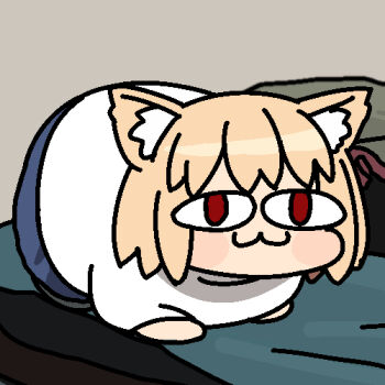 <|>_<|> 1girl :3 animal_ears blonde_hair cat_ears cat_girl cat_loaf jazz_jack looking_at_viewer lowres neco-arc red_eyes short_hair solo sweater tsukihime white_sweater