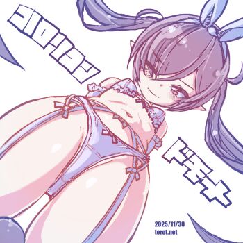 1girl arms_behind_back backbeako_(torotei) backbeard black_hair blush bow bow_hairband bow_panties bra breasts commentary cowboy_shot dated dated_commentary dutch_angle elbow_gloves eyes_visible_through_hair from_below garter_belt gegege_no_kitarou gloves hair_over_one_eye hairband kono_lolicon_domome loli long_hair looking_at_viewer navel one_eye_closed original paid_reward_available panties pointy_ears red_eyes simple_background small_breasts solo standing thighs torotei translated twintails underwear underwear_only very_long_hair watermark web_address white_background white_bow white_bra white_garter_belt white_gloves white_hairband white_panties