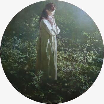 1girl absurdres asian brown_hair circle commentary_request dress highres long_hair looking_to_the_side naohiro_ito nightgown oil_painting_(medium) original painting_(medium) plant solo traditional_media weeds white_dress