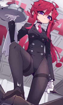 1boy 1girl absurdres black_leotard black_pantyhose breasts buttons chinese_commentary closed_mouth collared_leotard collared_shirt commentary_request double-breasted feet femdom footjob footjob_over_clothes footjob_with_legwear from_below gloves hetero highres holding holding_tray imazawa leotard lilivia_(imazawa) long_hair long_sleeves looking_at_viewer medium_breasts necktie no_shoes original paid_reward_available pantyhose pink_necktie pov purple_eyes red_hair shirt solo stepped_on toe_seam towel towel_on_arm tray white_gloves white_shirt