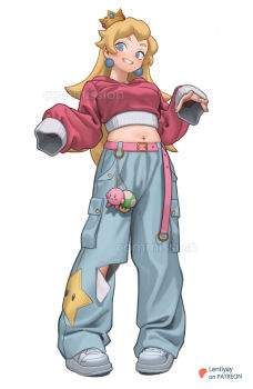 Rule 34 | 1-up mushroom, 1girl, absurdres, artist name, baggy pants, belt, blonde hair, blue eyes, blue nails, blue pants, breasts, character doll, commentary, commission, cropped hoodie, crown hair ornament, doll, earrings, english commentary, english text, fingernails, full body, grin, highres, hood, hood down, hoodie, jewelry, kirby, lentiyay, long hair, looking at viewer, mario (series), medium breasts, midriff, nail polish, navel, navel piercing, nintendo, pants, patreon logo, patreon username, piercing, pink belt, princess peach, red hoodie, shoes, simple background, sleeves past fingers, sleeves past wrists, smile, solo, sphere earrings, super star (mario), teeth, torn clothes, torn pants, very long hair, watermark, white background, white shoes