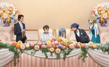 2girls 3boys ^_^ artist_request black_hair blonde_hair blue_eyes breasts brown_hair closed_eyes code_geass code_geass:_lost_stories dark-skinned_female dark_skin dress game_cg grey_hair highres large_breasts long_hair milly_ashford multiple_boys multiple_girls non-web_source official_art ohgi_kaname party purple_eyes rivalz_cardemonde tamaki_shin&#039;ichirou villetta_nu wedding_dress yellow_eyes