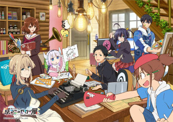 2boys 5girls :d :o ahoge arm_up at_computer beret black_jacket blonde_hair blue_eyes blue_jacket book braid brown_eyes brown_hair brown_serafuku brown_shirt child's_drawing chuunibyou_demo_koi_ga_shitai! city_(arawi_keiichi) commentary_request company_connection computer copyright_notice crossover door dragon_horns drawstring earbuds earphones easel eyepatch free! gakuran hair_ribbon hat hibike!_euphonium holding holding_book holding_megaphone holding_paper hood hooded_jacket horns icho_private_high_school_uniform indoors jacket jitome kanna_kamui kitauji_high_school_uniform kobayashi-san_chi_no_maidragon kyoto_animation lamp looking_at_another medical_eyepatch megaphone monitor multiple_boys multiple_crossover multiple_girls nagumo_midori nanase_haruka_(free!) narumiya_minato neckerchief official_art one_side_up open_book open_mouth oumae_kumiko paint_on_body paint_on_clothes paint_splatter paint_splatter_on_face pallette_(mega_man) paper pencil_behind_ear phonograph plaid_clothes plaid_skirt red_hat red_neckerchief red_ribbon ribbon ruler school_uniform serafuku shirt short_hair short_sleeves skirt sleeves_rolled_up smile stairs takanashi_rikka thumbs_up tsurune:_kazemai_koukou_kyuudoubu typewriter violet_evergarden violet_evergarden_(series)