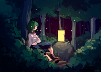 1girl antenna_hair black_cape blue_pants brown_shoes bush cape fireflies furahata_gen grass green_hair highres lantern leaning_back night pants red_ribbon ribbon rock shirt shirt_ribbon shoes short_hair sitting sleeping sleeping_upright solo touhou tree white_shirt wriggle_nightbug
