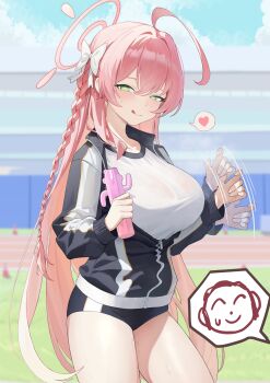 1boy 1girl absurdres ahoge alternate_costume black_buruma black_jacket blue_archive blush braid breasts buruma closed_mouth dildo doodle_sensei_(blue_archive) green_eyes hair_between_eyes halo hanako_(blue_archive) handjob_gesture heart heart-shaped_pupils highres holding holding_sex_toy jacket large_breasts liago long_hair looking_at_viewer pink_hair pink_halo sensei_(blue_archive) sex_toy shirt sidelocks single_braid smile symbol-shaped_pupils tongue tongue_out wet wet_clothes wet_shirt white_shirt