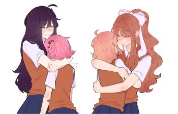 Rule 34 | 4girls, black hair, blue skirt, bow, brown hair, brown sweater vest, closed eyes, collared shirt, commentary, doki doki literature club, doki doki literature club school uniform, hair bow, hashtag-only commentary, high ponytail, highres, hug, long hair, monika (doki doki literature club), multiple girls, natsuki (doki doki literature club), pink hair, pockiseisont, ponytail, sayori (doki doki literature club), school uniform, shirt, short hair, skirt, sweater vest, white bow, white shirt, yuri (doki doki literature club)
