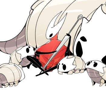 arthropod_girl bamsot beastling_(hollow_knight) bell_beast_(hollow_knight) black_skin cloak colored_skin commentary_request highres holding holding_needle holding_weapon hollow_eyes hollow_knight hollow_knight:_silksong horned_mask hornet_(hollow_knight) korean_commentary looking_at_another mask needle needolin_(hollow_knight) no_humans no_mouth red_cloak simple_background sitting weapon white_background white_mask