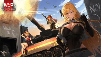 3girls absurdres aircraft airplane american_flag american_flag_bikini american_flag_print attack_the_d_point_(meme) bikini blonde_hair blue_eyes breasts cleavage elsa_(senrai_maidens) fighter_jet firing flag_print flag_print_bikini hand_on_own_hip hashtag-only_commentary highres kate_(senrai_maidens) leopard_2 long_hair maria_(senrai_maidens) meme military_vehicle motor_vehicle multiple_girls piiragp0pz print_bikini red_hair rocket_launcher rpg rpg-7 rpg_(weapon) smile swimsuit tank war_thunder weapon