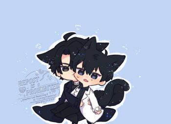 2boys :&lt; :o animal_ears black_coat black_eyes black_hair chibi chibi_only coat dog_ears dog_tail fang hug_from_side kemonomimi_mode kim_dokja kimidori_22 looking_at_viewer male_focus multiple_boys omniscient_reader&#039;s_viewpoint open_clothes open_coat outline short_hair skin_fang sweatdrop tail white_coat white_outline yaoi yoo_joonghyuk