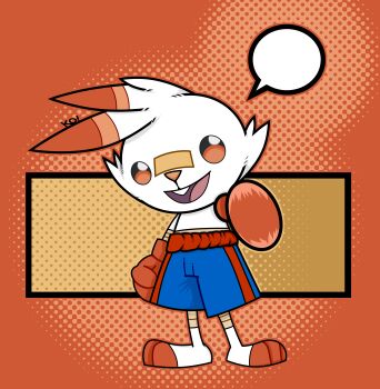 Rule 34 | absurdres, ankle wrap, arm up, arm wrap, artstation sample, bad artstation id, bad id, ben-day dots, black border, blue shorts, border, boxing gloves, boxing shorts, buck teeth, dazeart, dots, ears down, english text, full body, gen 8 pokemon, gloves, highres, image sample, nintendo, open mouth, orange background, pokemon, pokemon (creature), rectangle, red gloves, scorbunny, screentones, shorts, smile, speech bubble, teeth