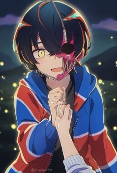 1boy 1girl :d backlighting black_hair black_shirt commentary fireflies hair_between_eyes half_mask hashtag-only_commentary highres hurika800 jacket ku_otsuki long_sleeves looking_at_viewer mask open_clothes open_jacket open_mouth pinky_swear pov pov_hands rei_shimobe reverse_trap scene_reference shirt short_hair shuten_order smile twitter_username yellow_eyes