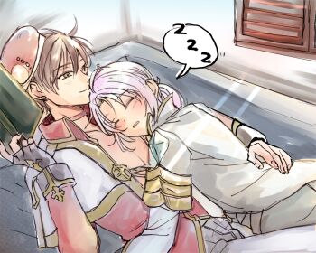 Rule 34 | 2boys, arch bishop (ragnarok online), black gloves, blush, book, brown eyes, brown hair, capelet, closed eyes, coat, commentary request, fingerless gloves, gloves, grey coat, grey pants, hat, highres, holding, holding book, looking at another, male focus, multiple boys, official alternate costume, open mouth, pants, pink hair, ragnarok online, red hat, red shirt, shimako (user jsaa7243), shirt, short hair, sleeping, spoken zzz, upper body, warlock (ragnarok online), white capelet, yaoi, zzz