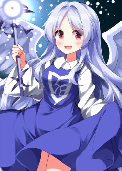 1girl :d angel_wings bare_legs blue_dress blue_hair blue_theme blush collared_dress collared_shirt commentary_request cowboy_shot dress eyes_visible_through_hair feathered_wings genderswap genderswap_(otf) grey_hair grey_wings hair_intakes happy highres holding holding_staff light_particles long_hair long_sleeves looking_at_viewer mage_staff magic multiple_wings open_mouth parted_bangs pinafore_dress purple_dress purple_hair red_eyes ruu_(tksymkw) sariel_(touhou) seraph shirt sidelocks skirt_hold sleeveless sleeveless_dress smile solo staff standing touhou touhou_(pc-98) very_long_hair white_dress white_shirt wide_sleeves wings