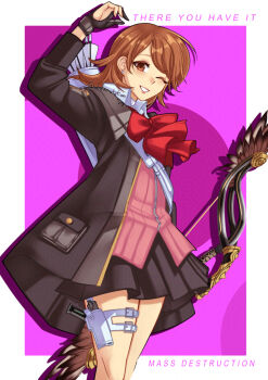 1girl archery_shooting_glove arm_up arrow_(projectile) black_gloves black_jacket black_skirt blush border bow bow_(weapon) bowtie brown_eyes brown_hair cardigan choker collared_shirt commentary commission dreamutation earrings english_commentary english_text evoker feet_out_of_frame flipped_hair gekkoukan_high_school_uniform gloves holding holding_bow_(weapon) holding_weapon holster jacket jewelry looking_at_viewer miniskirt one_eye_closed open_clothes open_jacket outside_border parted_lips partially_fingerless_gloves persona persona_3 persona_3_reload pink_background pink_cardigan pleated_skirt quiver red_bow red_bowtie ribbed_cardigan school_uniform shirt short_hair skirt solo stud_earrings takeba_yukari thigh_holster twitter_username vgen_commission weapon white_border white_choker white_shirt