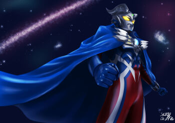 Rule 34 | 1boy, abs, absurdres, alien, armor, artist name, blue cape, blue skin, breastplate, cape, clenched hands, color timer, colored skin, commentary, cowboy shot, eye slugger, forehead jewel, from below, galaxy, gem, giant, giant male, glowing, glowing eyes, green gemstone, highres, looking up, male focus, multicolored skin, muscular, muscular male, no pupils, pectorals, red skin, shining gold montblanc, signature, silver skin, solo, standing, tokusatsu, ultra bracelet (ultraman zero), ultra galaxy (series), ultra series, ultraman z (series), ultraman zero, wrinkled skin, yellow eyes