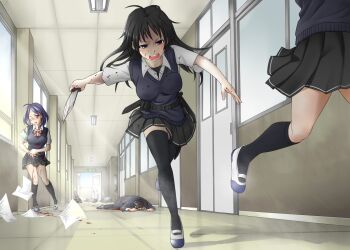 3boys 5girls belt bespectacled black_hair black_socks bleeding blood blood_on_clothes blood_on_face bloody_weapon blue_hair breasts chasing corpse crazy death door erikku_(kata235) glasses hallway highres injury kneehighs knife massacre multiple_boys multiple_girls murder original paper running school school_uniform shoes skirt socks stab sweater_vest thighhighs uwabaki violence weapon window zettai_ryouiki