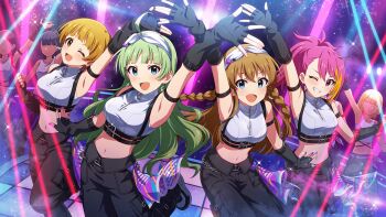 armlet belt black_hair blonde_hair blue_eyes braid brown_eyes brown_hair earrings faceless fingerless_gloves fukuda_noriko game_cg gloves green_hair grin hairband idol_clothes idolmaster idolmaster_million_live! idolmaster_million_live!_theater_days jewelry kousaka_umi maihama_ayumu multicolored_hair nail_polish navel official_art one_eye_closed open_mouth pants pink_hair ponytail purple_eyes shimabara_elena smile sparkle stage_lights zipper