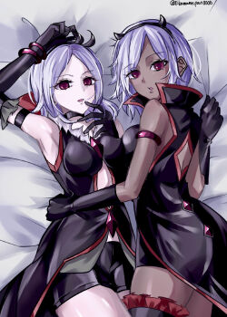 2girls absurdres arm_up armband armpits bare_shoulders bike_shorts black_armband black_choker black_gloves black_hairband black_jacket black_shorts black_thighhighs bracelet breasts choker crossover dark-skinned_female dark_skin eas_(fresh_precure!) elbow_gloves fresh_precure! gloves hairband heath_(ninja_to_gokudou) higashi_setsuna higashiyama_seshi highres jacket jewelry look-alike looking_at_viewer lying medium_breasts medium_hair multiple_girls ninja_to_gokudou on_bed open_mouth precure red_eyes short_shorts shorts sideways_glance thighhighs white_hair