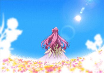 1girl back code_geass creayus donut_hair_bun dress euphemia_li_britannia flower hair_bun long_hair pink_hair sky solo