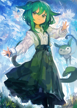 1girl :3 absurdres animal_ears blue_sky cloud collared_shirt commentary_request day green_eyes green_hair green_skirt highres kaamin_(mariarose753) long_hair outdoors shirt skirt sky solid_circle_eyes suspender_skirt suspenders utau very_long_hair voiceroid voicevox white_shirt zundamon zundamon_(utau)