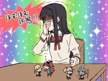 Rule 34 | 10s, 5girls, akemi homura, black hair, blonde hair, blood, blue hair, blush, bow, drill hair, hair bow, heaven condition, homu, kaname madoka, long hair, mahou shoujo madoka magica, mahou shoujo madoka magica (anime), miki sayaka, mini person, minigirl, multiple girls, nosebleed, open mouth, pantyhose, pink hair, ponytail, red hair, ribbon, sakura kyoko, school uniform, short hair, short twintails, skirt, smile, so moe i&#039;m gonna die!, tears, tomoe mami, torinone, translation request, twin drills, twintails