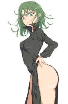 1girl :o ass black_dress breasts collared_dress commentary covered_navel curly_hair dress from_side green_eyes green_hair hands_on_own_hips highres kaneko_ryou looking_at_viewer medium_hair naked_dress one-punch_man sanpaku side_slit simple_background small_breasts solo standing tatsumaki thighs white_background