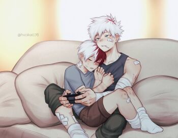 2boys aged_down alternate_costume bandaged_arm bandages bandaid bandaid_on_face bandaid_on_leg bandaid_on_shoulder blue_eyes blue_shirt boku_no_hero_academia brothers brown_shorts bruise bruise_on_knee bruise_on_leg burn_scar closed_eyes controller couch dabi_(boku_no_hero_academia) game_controller gauze_on_neck hair_between_eyes hashtag-only_commentary highres holding holding_controller holding_game_controller injury lollipop_in_mouth male_focus multicolored_hair multiple_boys on_couch pants red_hair saika076 scar scar_on_face shirt short_hair shorts siblings sitting sleeping sleeping_on_person socks spiked_hair split-color_hair streaked_hair tank_top todoroki_shoto twitter_username two-tone_hair white_hair white_socks white_tank_top