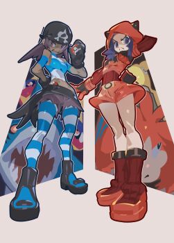 2girls absurdres angry armband bandana black_bandana black_gloves black_shoes bluegeyko brown_eyes brown_shorts camerupt carvanha closed_mouth dark-skinned_female dark_skin fake_horns from_below full_body gen_3_pokemon gloves grey_eyes highres holding holding_poke_ball hood hood_up horns logo looking_at_viewer multiple_girls nintendo numel poke_ball poke_ball_(basic) pokemon pokemon_oras red_shoes red_shorts sharpedo shirt shoes short_hair shorts sleeveless sleeveless_shirt smile smirk striped_clothes striped_shirt striped_thighhighs team_aqua team_aqua_grunt team_aqua_grunt_(female) team_magma team_magma_grunt team_magma_uniform thighhighs thighs
