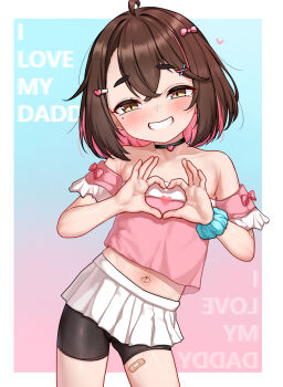 1girl bandaid bandaid_on_leg blue_background blush brown_eyes brown_hair choker covering_breasts covering_privates crop_top eyebrows_visible_through_hat fangs flat_chest gemba_(dlfms75) hair_between_eyes hair_ornament hair_ribbon heart heart_choker heart_hair_ornament heart_hands highres loli looking_at_viewer midriff miniskirt mizuki_yui_(gemba_(dlfms75)) mole mole_under_eye multicolored_hair navel original pantyhose pantyhose_under_skirt pink_background pink_hair ribbon scrunchie see-through_pantyhose short_hair simple_background skirt smile solo text_background white_background white_skirt wrist_scrunchie