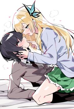 2girls anger_vein black_hair black_socks blonde_hair boku_wa_tomodachi_ga_sukunai cardigan commentary finger_in_another&#039;s_mouth from_side girl_on_top green_skirt grey_cardigan hand_in_another&#039;s_hair heart highres kashiwazaki_sena kneehighs long_hair lying mikazuki_yozora multiple_girls on_back profile saliva saliva_trail school_uniform short_hair sitting sitting_on_person skirt socks straddling tongue tongue_out yuri zhanzhangzlw