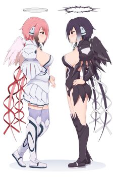 2girls absurdres angel angel_wings armor ass_peek black_boots black_hair black_panties black_ribbon black_shirt black_skirt black_wings blue_thighhighs boots breasts chain chain_leash closed_mouth collar feathered_wings full_body green_eyes hair_ribbon halo hand_on_own_hip highres ikaros ikaros_melan large_breasts leash long_hair looking_at_another maikurorensu metal_collar miniskirt multiple_girls panties pauldrons pink_hair pleated_skirt purple_eyes red_ribbon ribbon robot_ears shirt shoulder_armor showgirl_skirt simple_background skirt sora_no_otoshimono standing strapless strapless_shirt thigh_boots thighhighs thighs twintails underwear very_long_hair white_background white_boots white_shirt white_skirt wings zettai_ryouiki