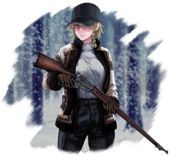 1girl absurdres asymmetrical_bangs blonde_hair braid braided_sidelock commentary commission empty_eyes english_commentary expressionless gun highres holding holding_gun holding_weapon hunting hunting_rifle jacket lever_action looking_to_the_side m4skedboi myroslava_bozhuk open_clothes open_jacket original rifle short_hair simple_background solo standing sweater trigger_discipline turtleneck turtleneck_sweater ukrainian_clothes weapon white_sweater winchester_model_1895 winter winter_clothes
