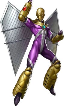 1boy armor artist_request bodysuit covered_navel demon_(megami_tensei) gold_armor gold_greaves gold_helmet greaves melchizedek_(megami_tensei) metal_wings official_art persona persona_5 persona_5:_the_phantom_x purple_bodysuit shin_megami_tensei solo third-party_source transparent_background wings
