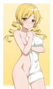 1girl absurdres blush border breasts closed_mouth commentary drill_hair english_commentary gradient_background highres holding holding_towel large_breasts looking_at_viewer mahou_shoujo_madoka_magica medium_hair nude smile solo standing thighs tomoe_mami towel twin_drills twitter_username wet white_border yellow_background yellow_eyes yisusjpl