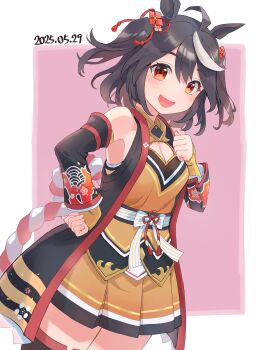 1girl :d ahoge animal_ears bare_shoulders black_hair black_sleeves black_thighhighs blush border breasts chanchanko_(clothes) chinese_knot cleavage clenched_hands commentary_request cowboy_shot dated detached_sleeves dot_nose dress hair_between_eyes hair_ornament hair_ribbon hand_on_own_chest hand_on_own_hip highres horse_ears horse_girl kitasan_black_(crowning_ooban)_(umamusume) kitasan_black_(umamusume) looking_at_viewer medium_hair mochihuman multicolored_hair open_mouth orange_eyes pink_border red_ribbon ribbon rope sash shimenawa small_breasts smile solo teeth thighhighs two-tone_hair umamusume upper_teeth_only white_border white_sash white_streaks yellow_dress
