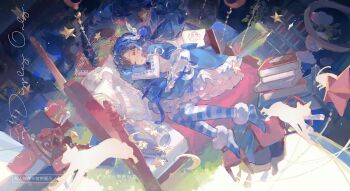 1girl absurdres animal bed bed_sheet blanket blue_bow blue_dress blue_gloves blue_hair book book_stack bookshelf bow candle candlestand cat chair closed_eyes dress floating floating_object frilled_dress frills full_body gloves hair_ornament highres indoors lamp long_hair nokoya on_bed one_side_up original parted_lips picture_frame shelf short_sleeves sleeping solo star_(symbol) star_hair_ornament striped_clothes striped_thighhighs thighhighs two-tone_dress watermark